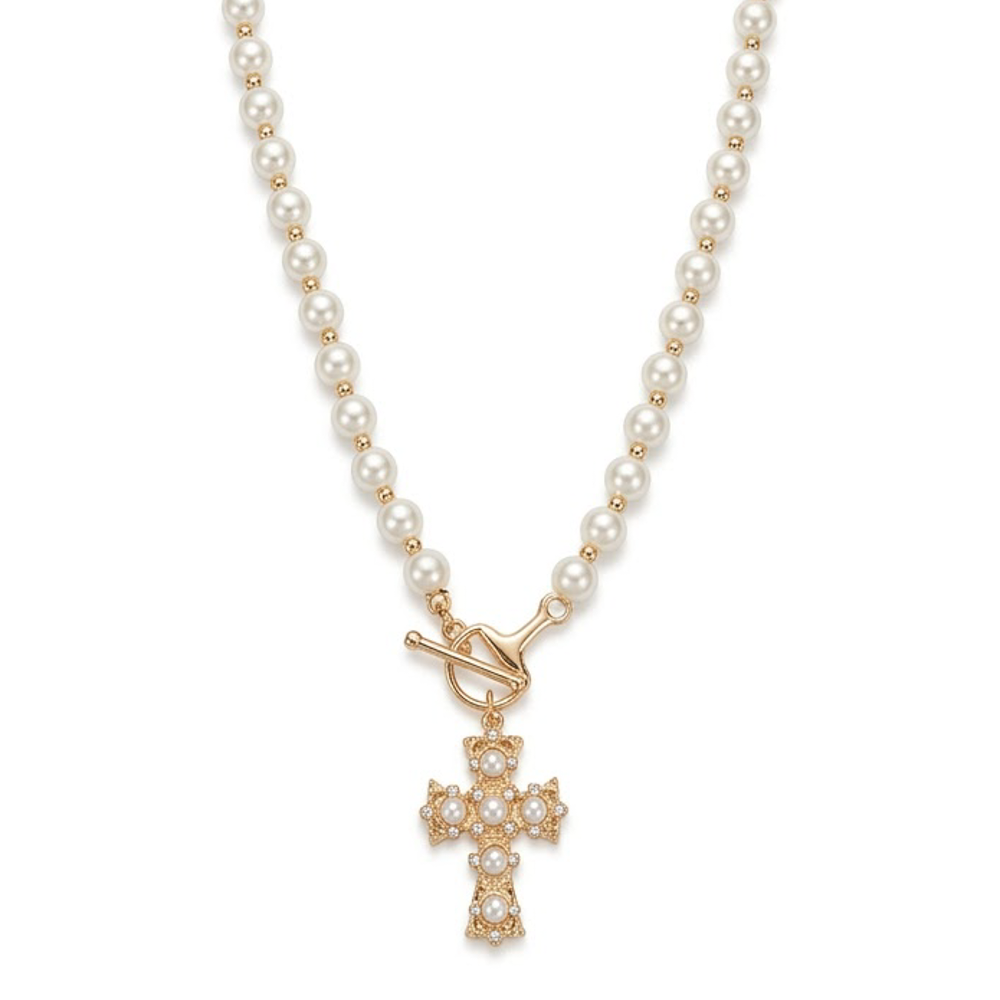 PEARL CROSS PENDANT NECKLACE, TN 6056: GDCM