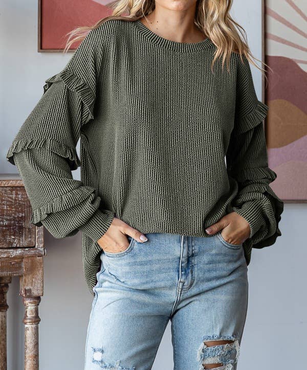 Balloon Sleeve Ruffle Sleeve Pullover Top: Green / XL