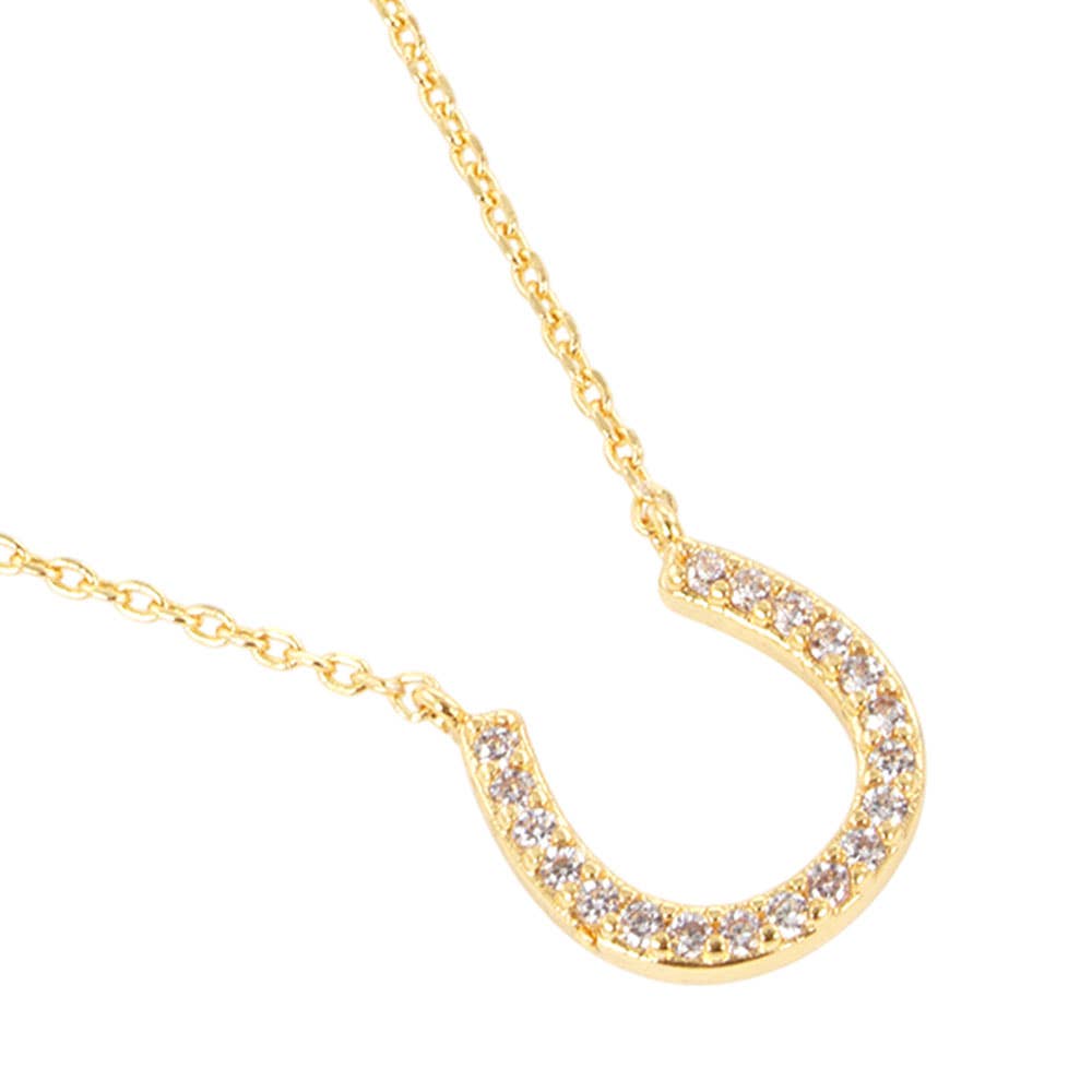 Gold Dipped CZ Stone Paved Horseshoe Pendant Necklace: Clear,Rhodium