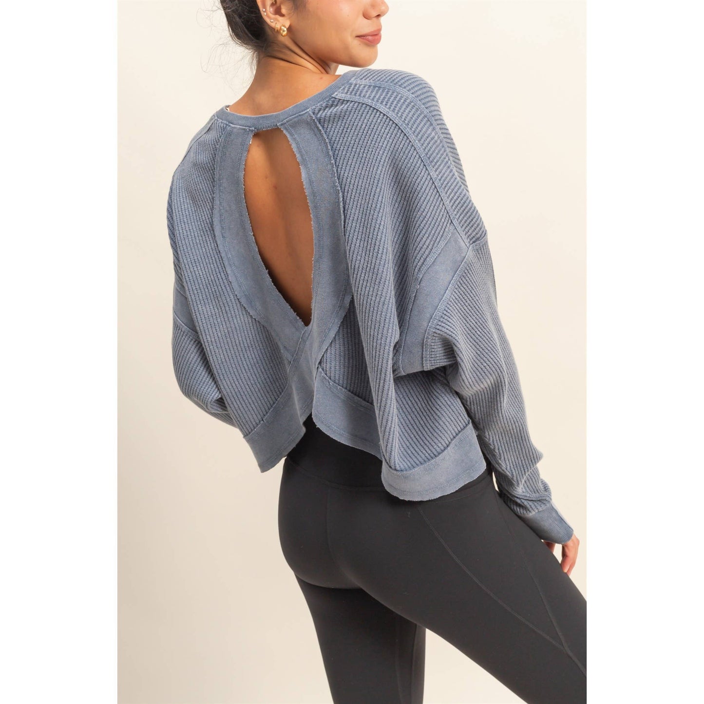 Chic Open Back Textured Knit Long Sleeve Top: CREAM / S-M-L(2-2-2)