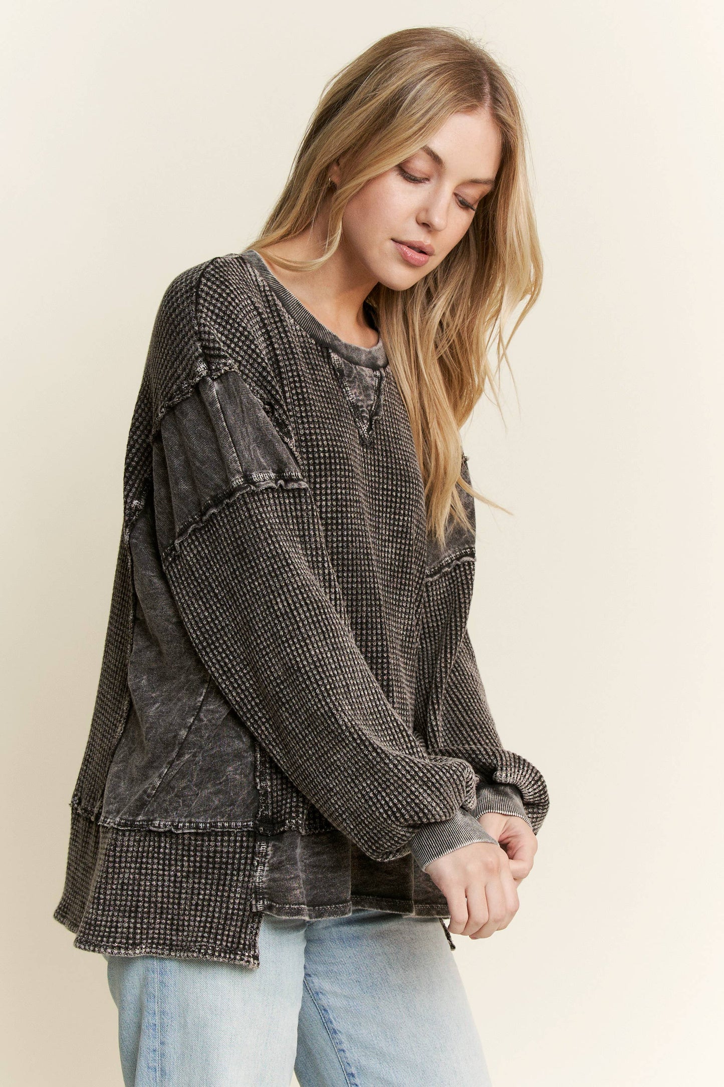 MineralWash Waffle and terry oversized fall shirt HT5989.: Midnight Green / S-M-L / 2-2-2