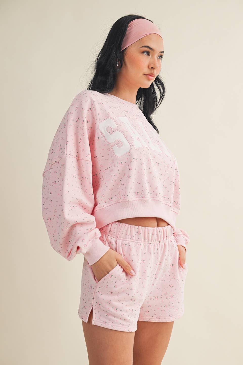 Salty Ditsy Print Crewneck Crop Sweatshirt: Pink Ditsy / S