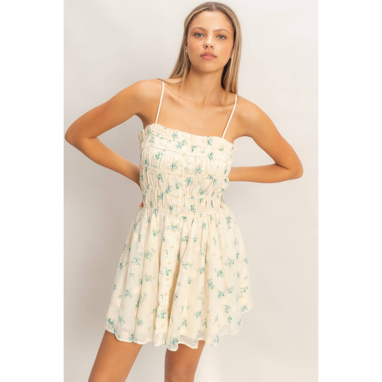 Shirred Floral Button-Front Mini: PINK / S-M-L(2-2-2)