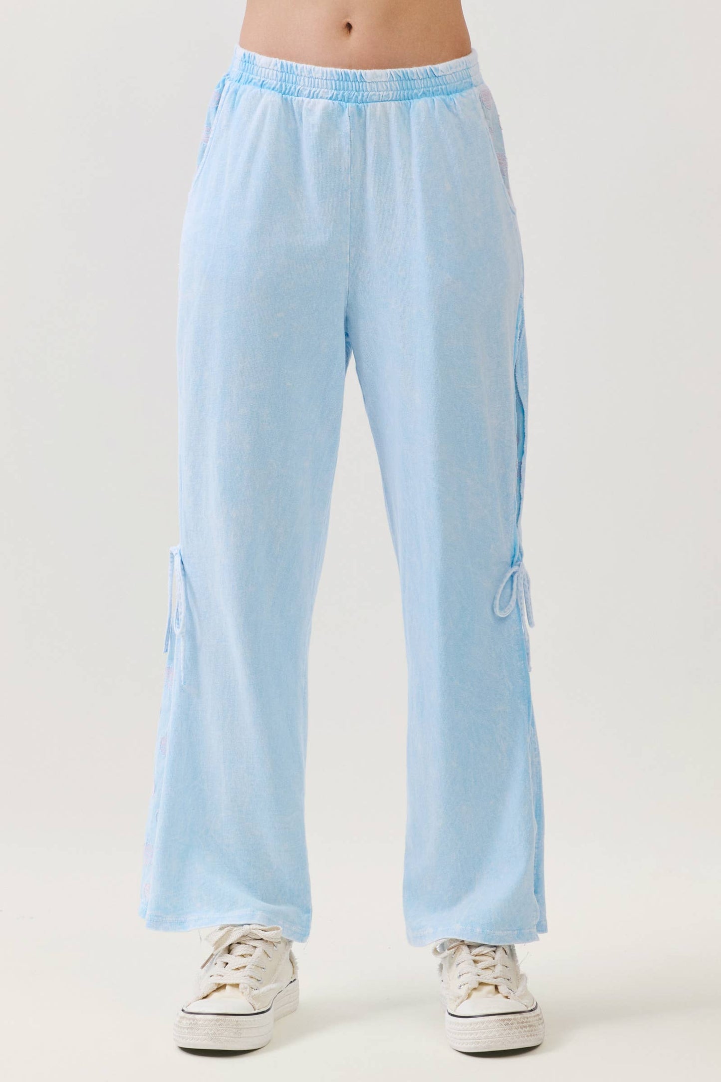 Mineral Washed Polkadot Side Bow Tie Pants HP7324: Baby Blue / S-M-L / 2-2-2
