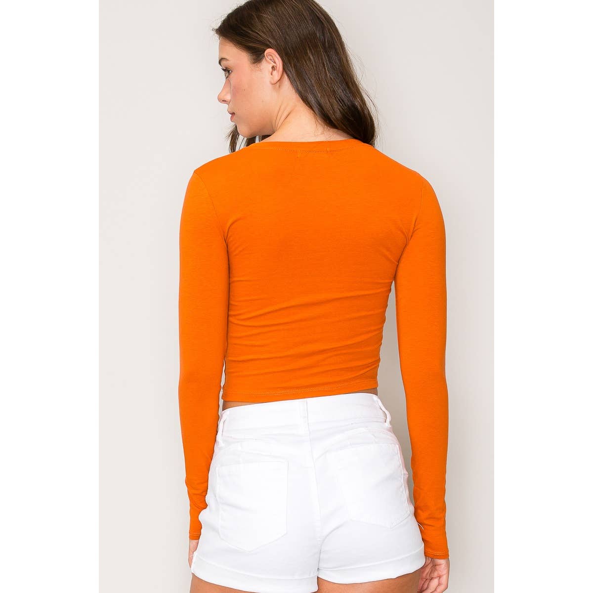 Crew Neck Long Sleeve Cotton Cropped Knit Top: Chili Oil / S-M-L(2-2-2)