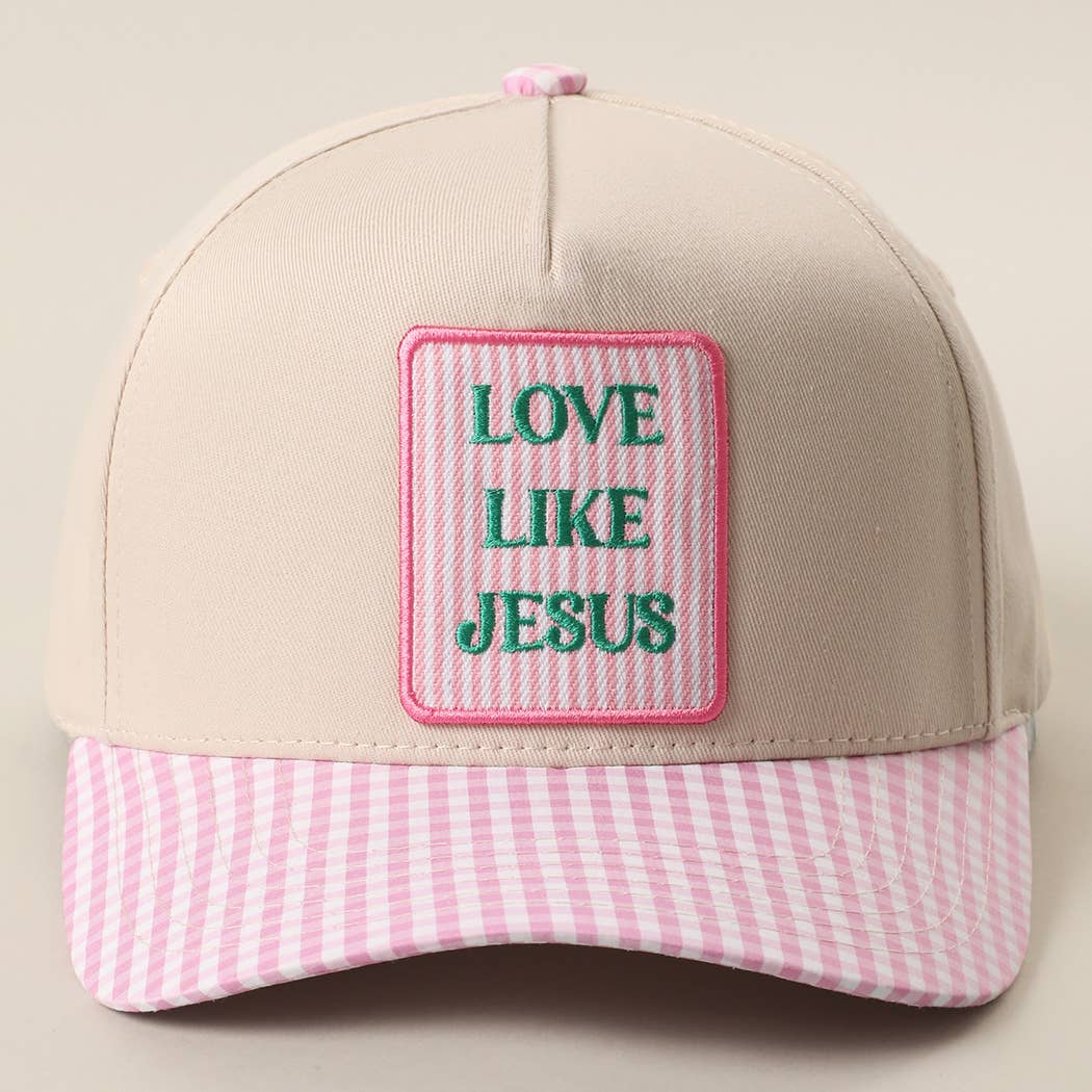 LOVE LIKE JESUS Embroidered Patch Gingham Trucker Hat: PINK / ONE SIZE