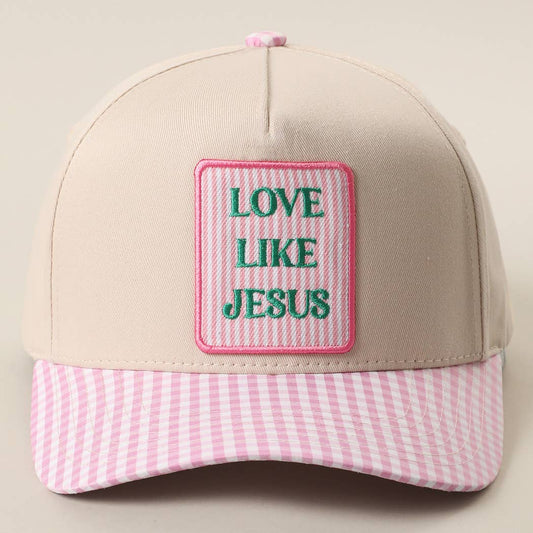 LOVE LIKE JESUS Embroidered Patch Gingham Trucker Hat: PINK / ONE SIZE