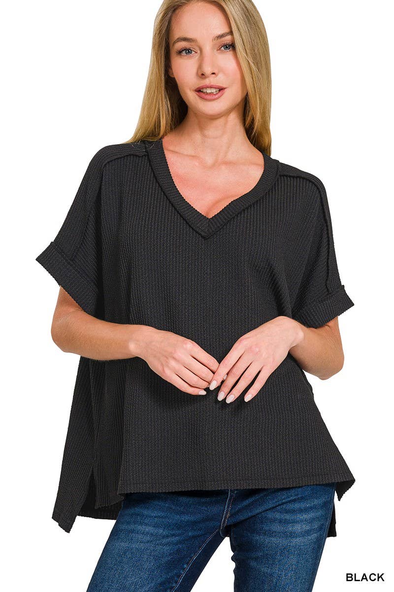 Raised Rib Short Sleeve Hi-low V Neck Top: RUBY / 3-3(S/M-L/XL)