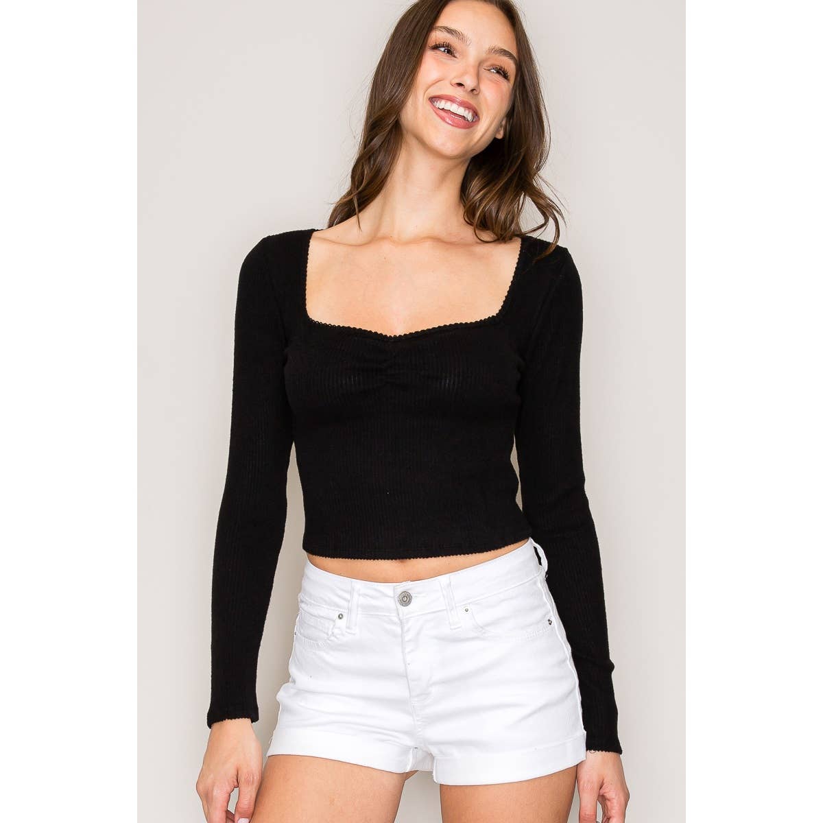 Sweetheart Neck Long Sleeve Sweater Hacci Rib Top: Heather Grey / S-M-L(2-2-2)