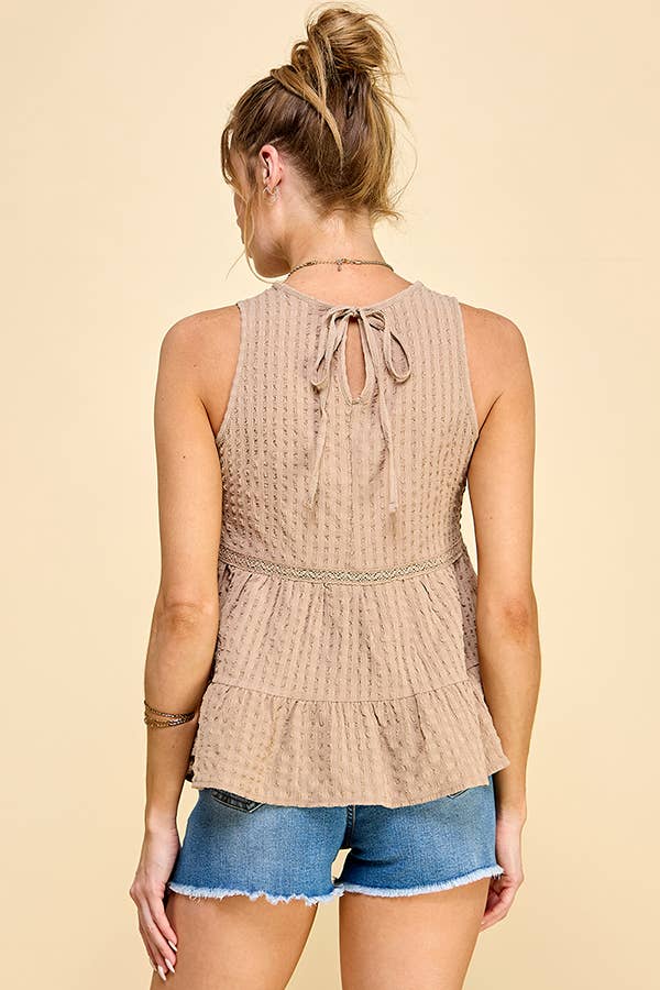 WK50480 - BABYDOLL TIER BUBLLE WOVEN TOP WITH TIE BACK: SATIN ROSE / S-M-L/2-2-2