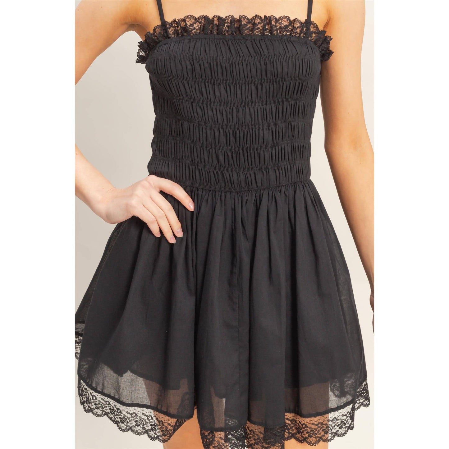 Smocked Lace Trim Romper: CREAM / S-M-L(2-2-2)
