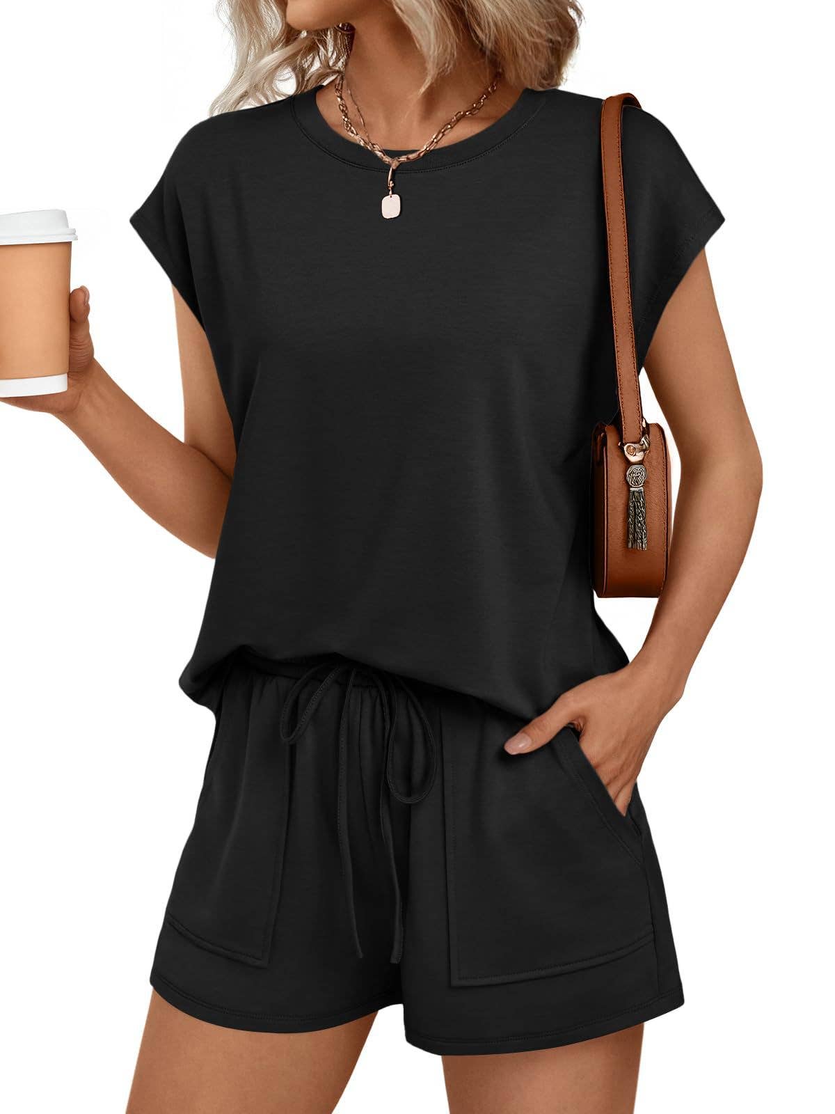 Womens Black Lounge Set Cap Sleeve Top and Shorts: Rose Red / 65%Polyester+30%Viscose+5%Elastane / S