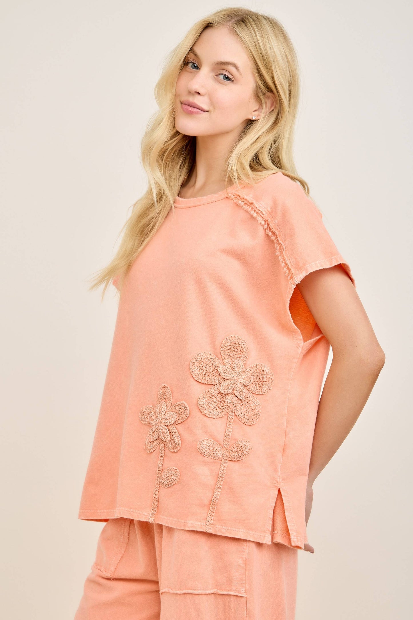 Mineral Washed Flower Garden Sleeveless blouse top HT7012: Papaya / S-M-L / 2-2-2
