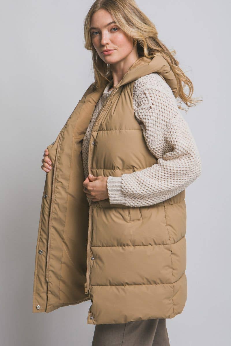 Hooded Long Quilted Puffer Vest: BLACK / 2-2-2(S-M-L)
