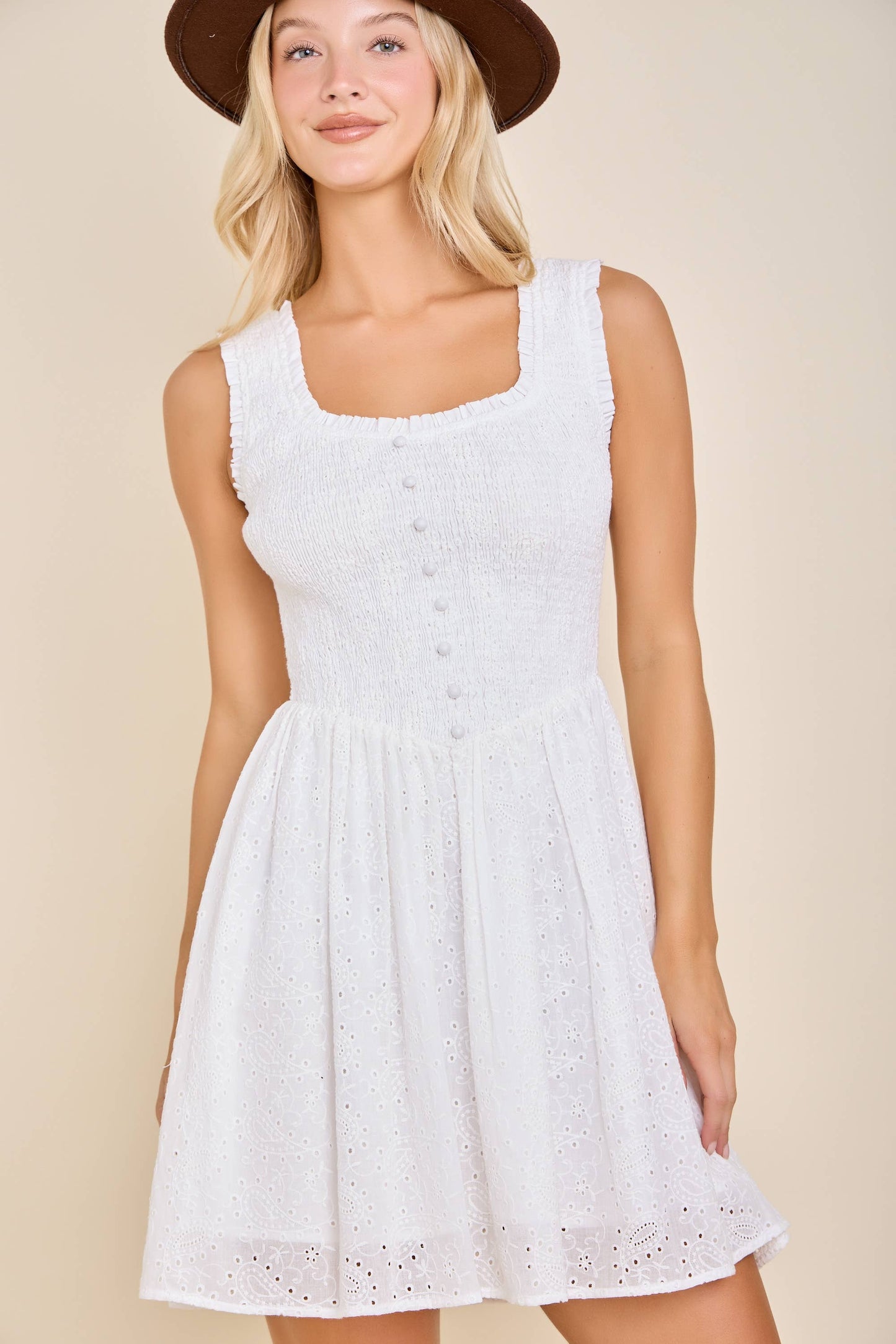 Eyelet Smocked Mini Dress – Sweet Feminine Spring Style: PINK / L