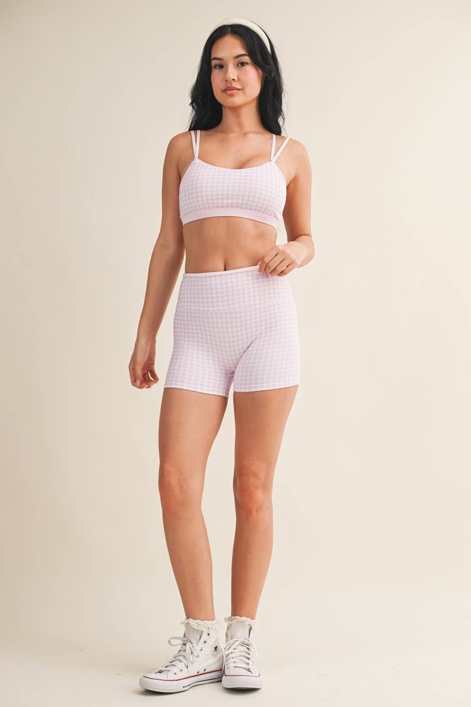 Gingham Print Double Layered Sports Bra: Red Gingham / L