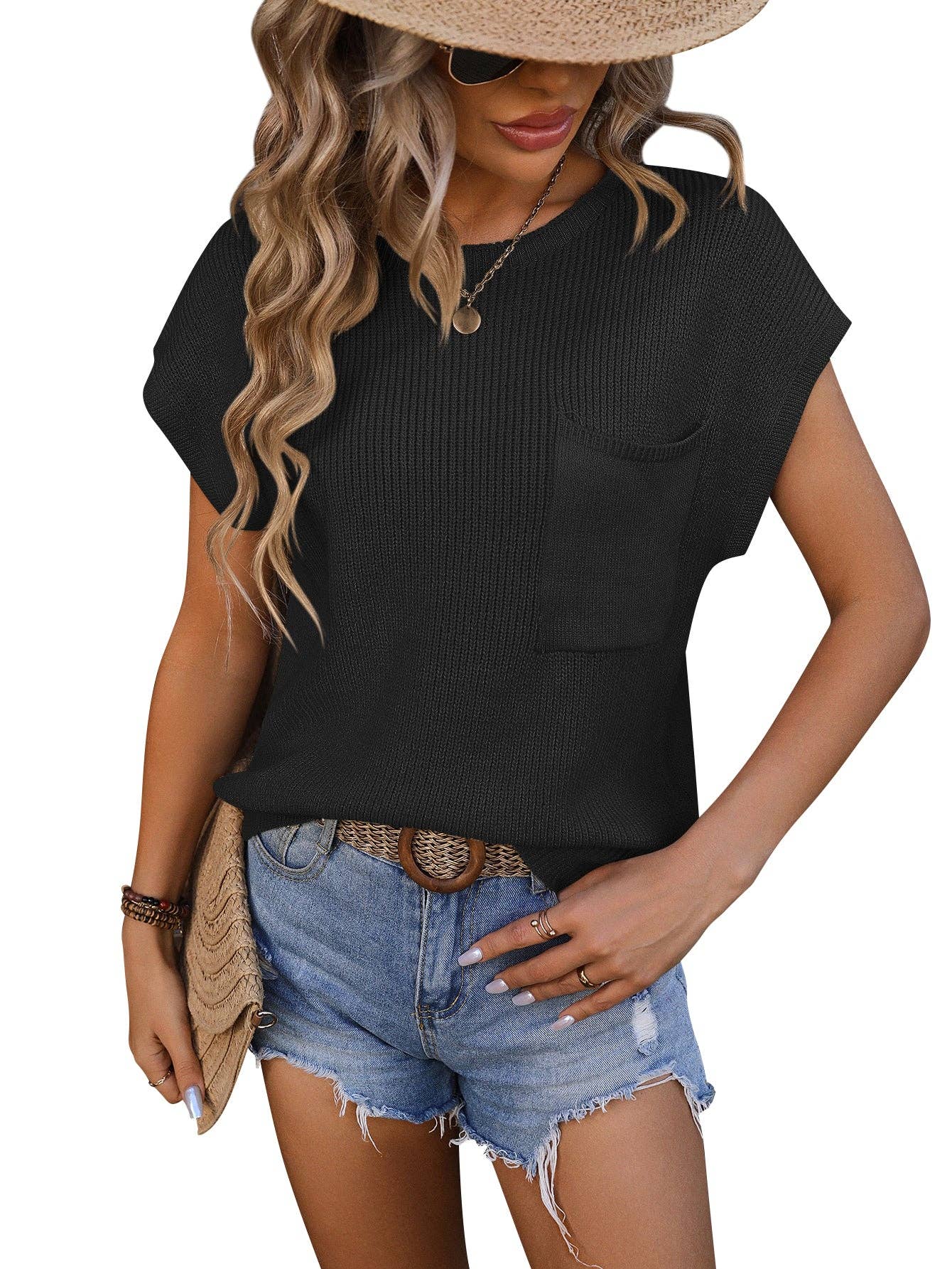 Crewneck Pocket Trim Top Short-sleeved Sweater: Caramel / Acrylic 70% + 30% nylon / XL