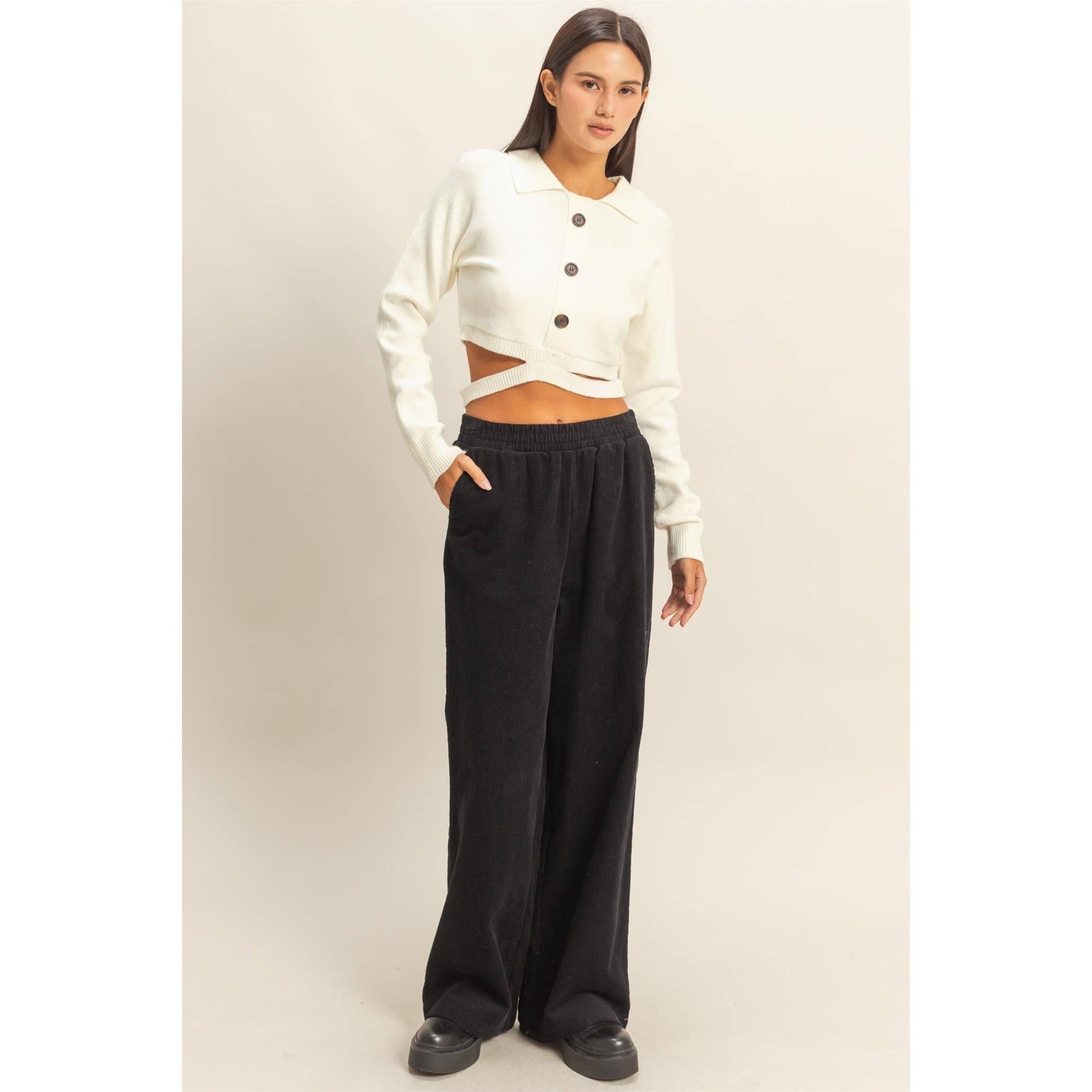 Corduroy High-Waisted Wide Leg Pants: BLACK / S-M-L(2-2-2)