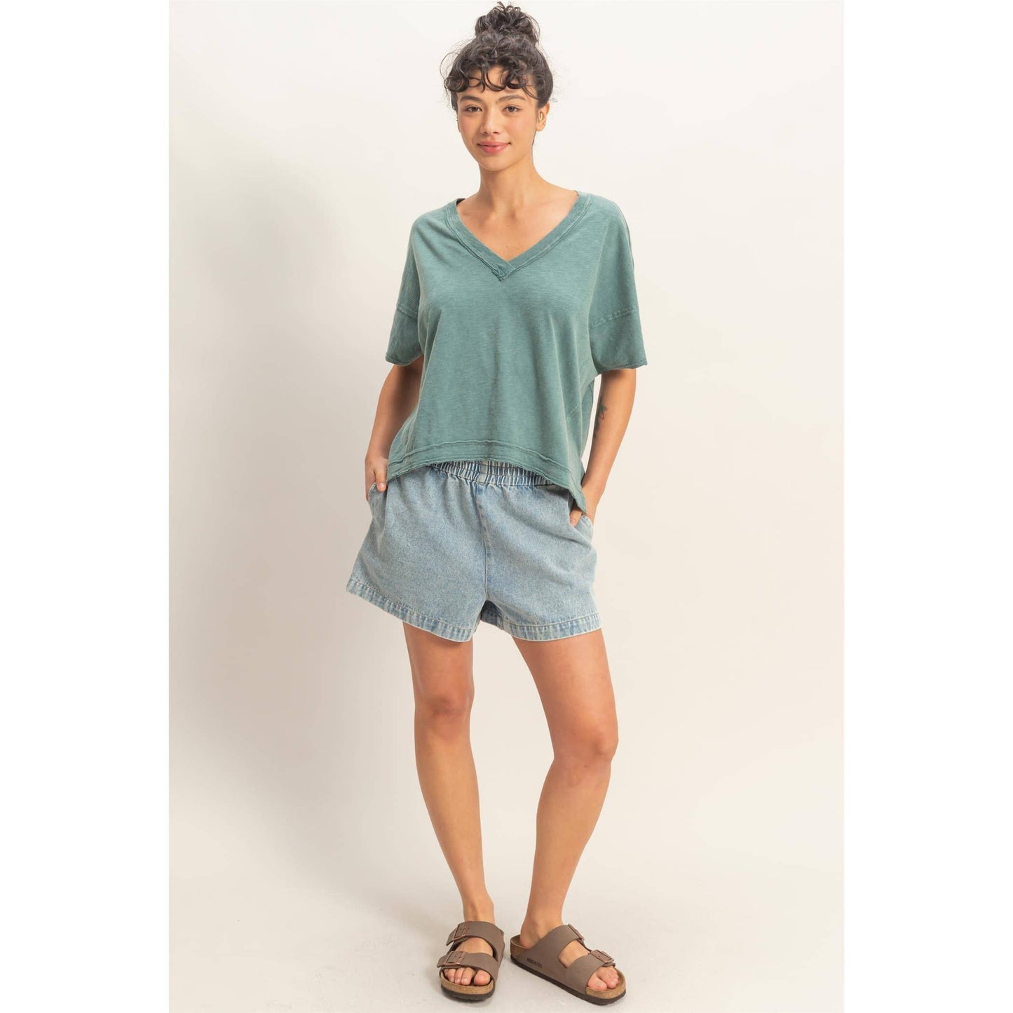 Oversized V-Neck Short Sleeve Top: WHIP CREAM / S-M-L(2-2-2)