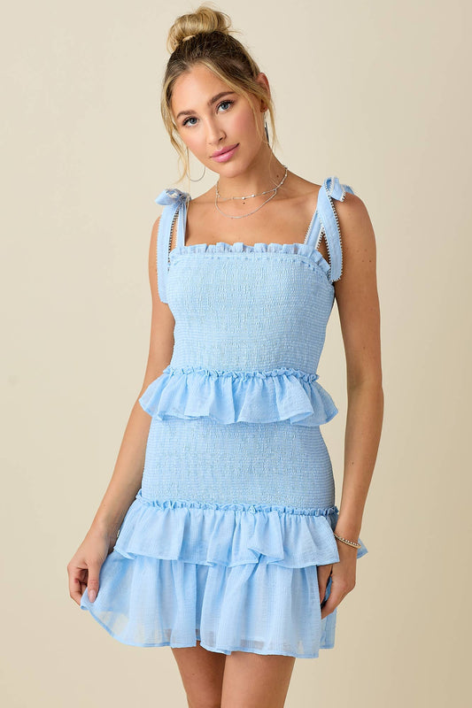 Jacquard smocked ruffled lace shoulder straps mini dress: BLUE / L
