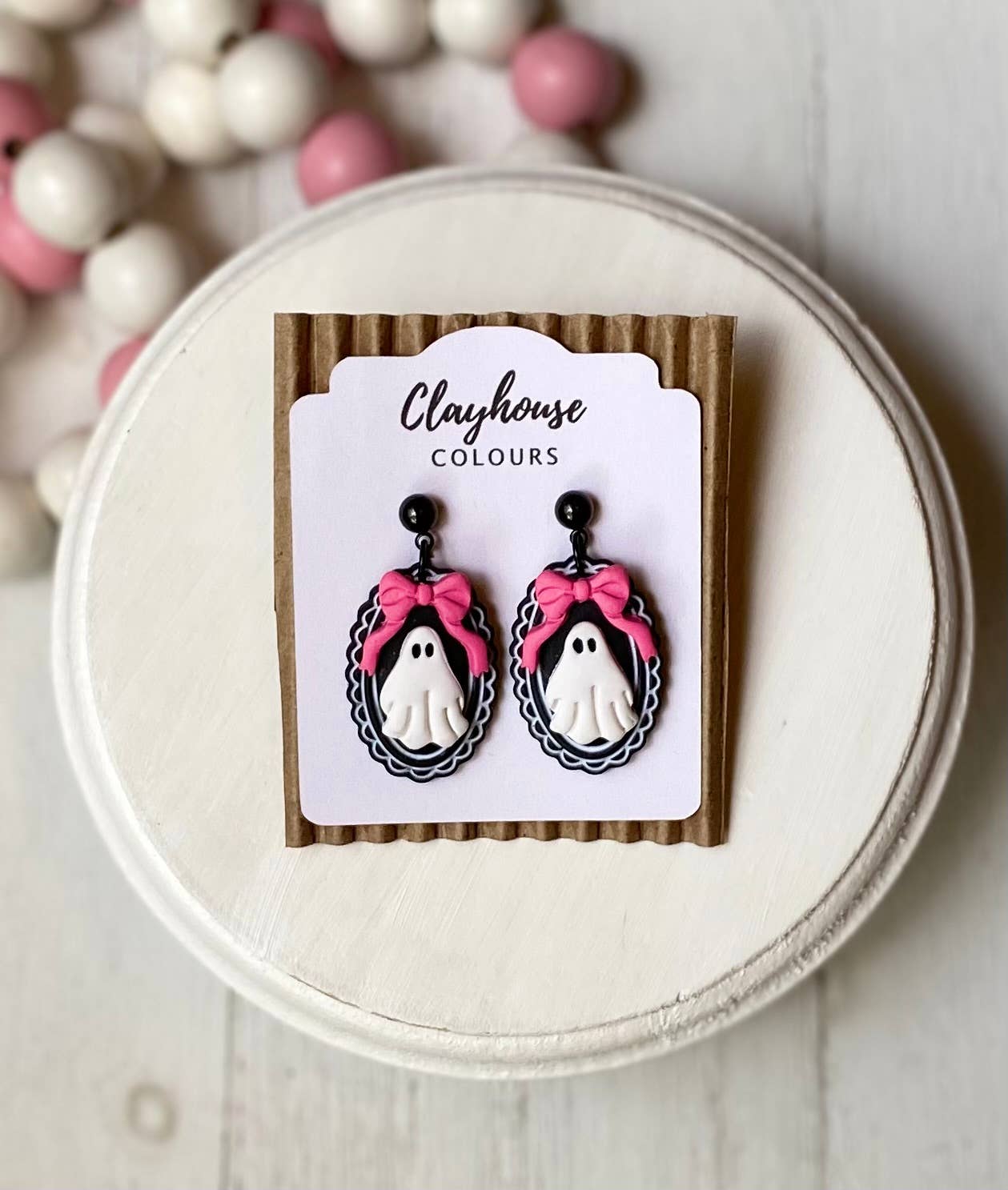Pink Halloween Earrings | Fall Earrings : Ghost with Bows