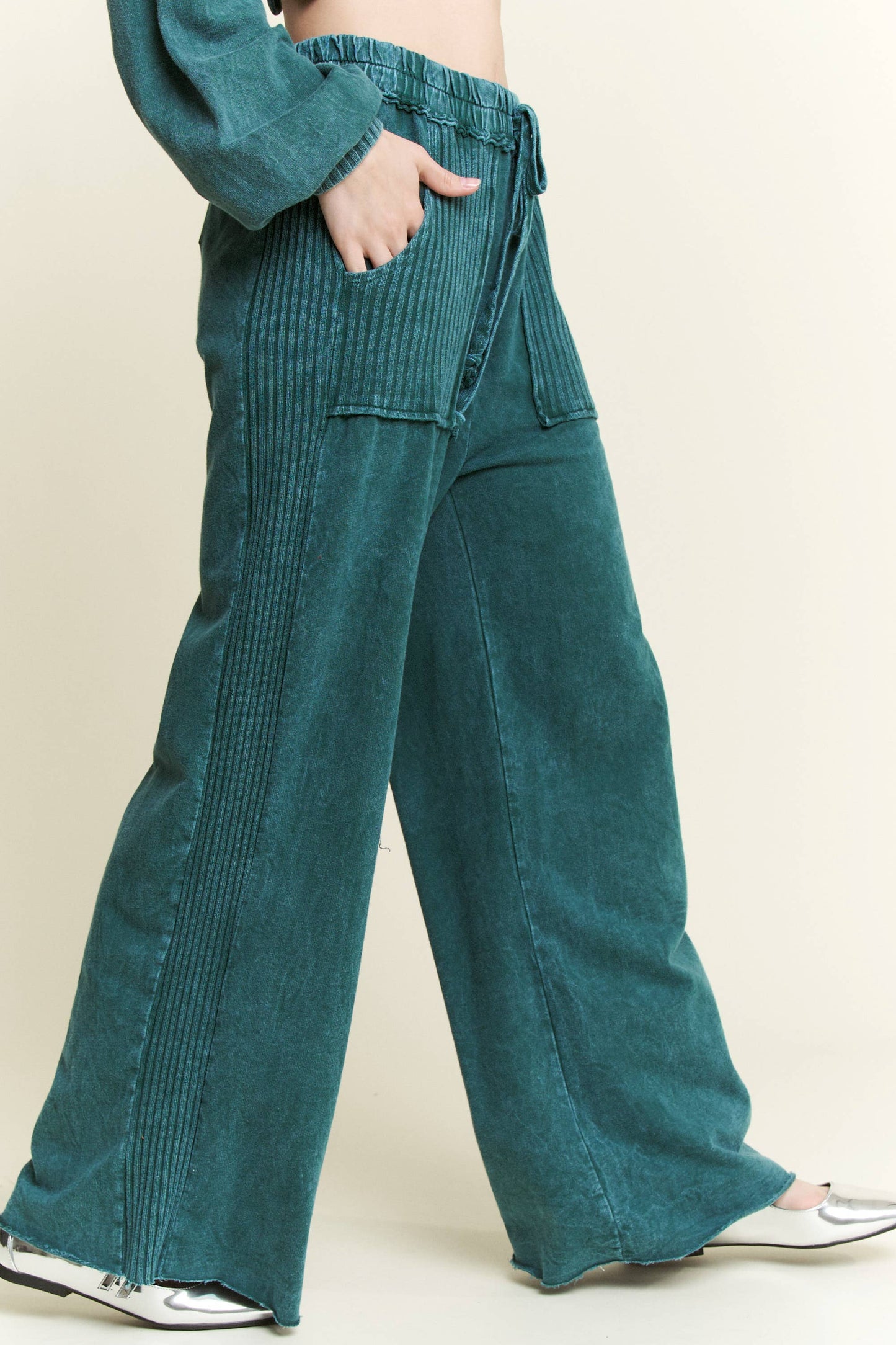 Best Mineral Wash Side Knit detail wide leg pantsHE5878P: Midnight Green / S-M-L / 2-2-2