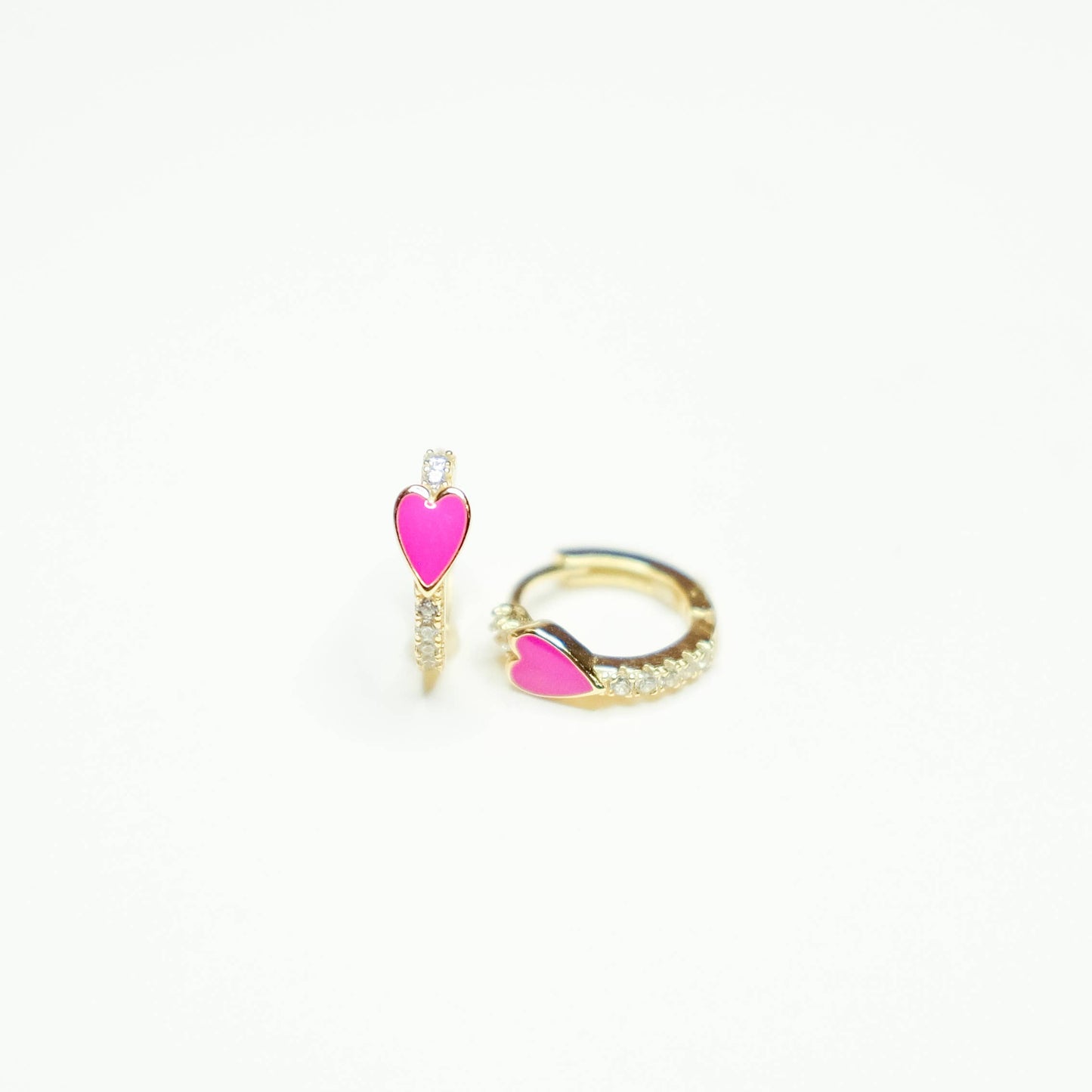 Pave Heart Huggie Earrings: Hot Pink