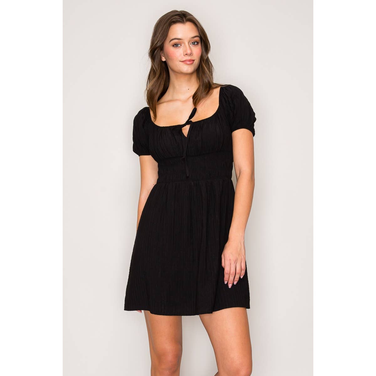 Puff Sleeve Tiered Mini Dress: Black / S-M-L(2-2-2)