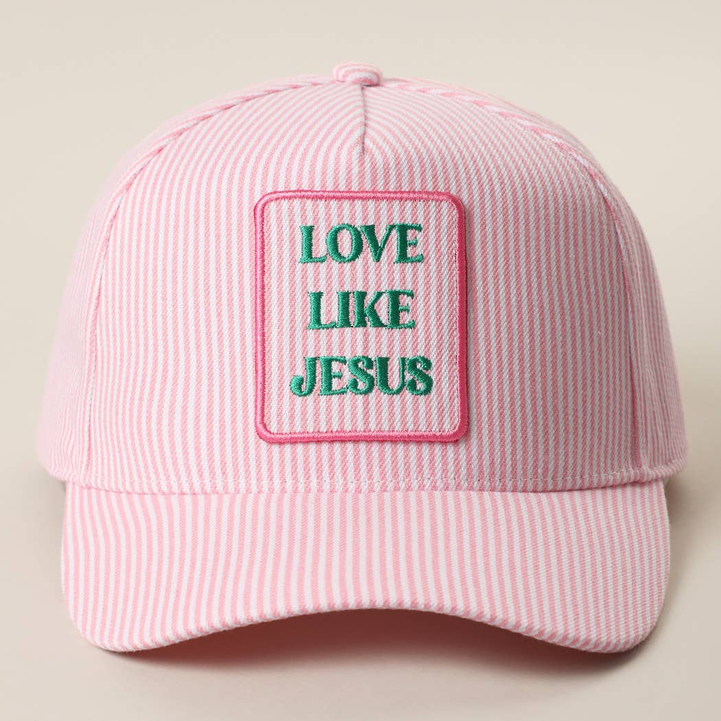 LOVE LIKE JESUS Embroidered Patch Seersucker Trucker Hat: PINK / ONE SIZE