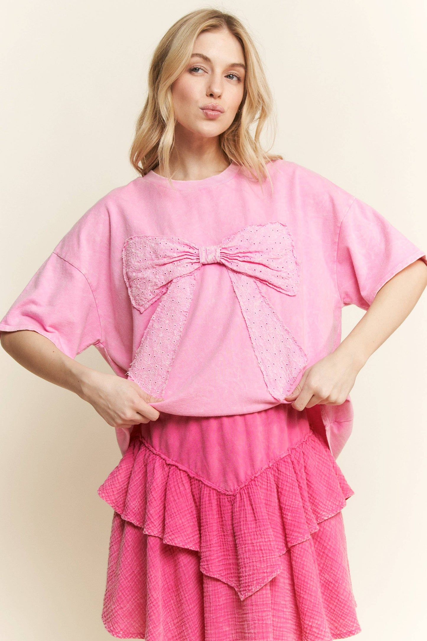 MineralWash Ribbon bow half sleeve shirt HT6308: Silver Grey / S-M-L / 2-2-2