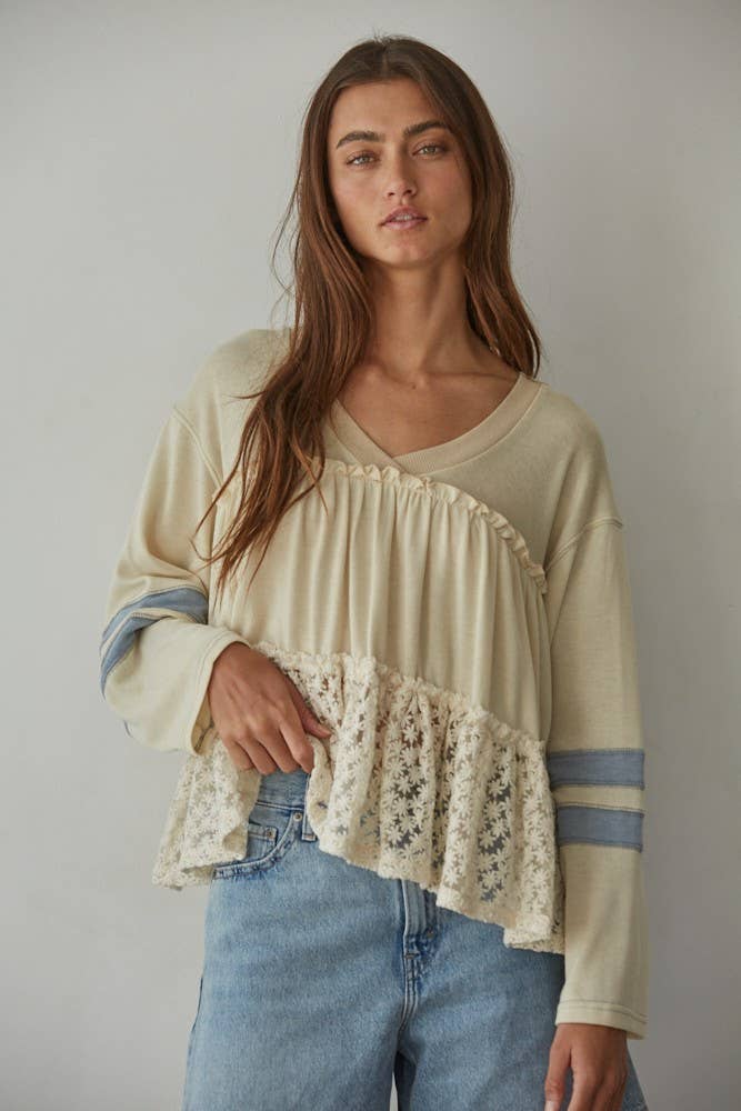 L5667| Knit V-Neck Long Sleeve Baby Doll Ruffle Contrast Top: Cream Blue / M