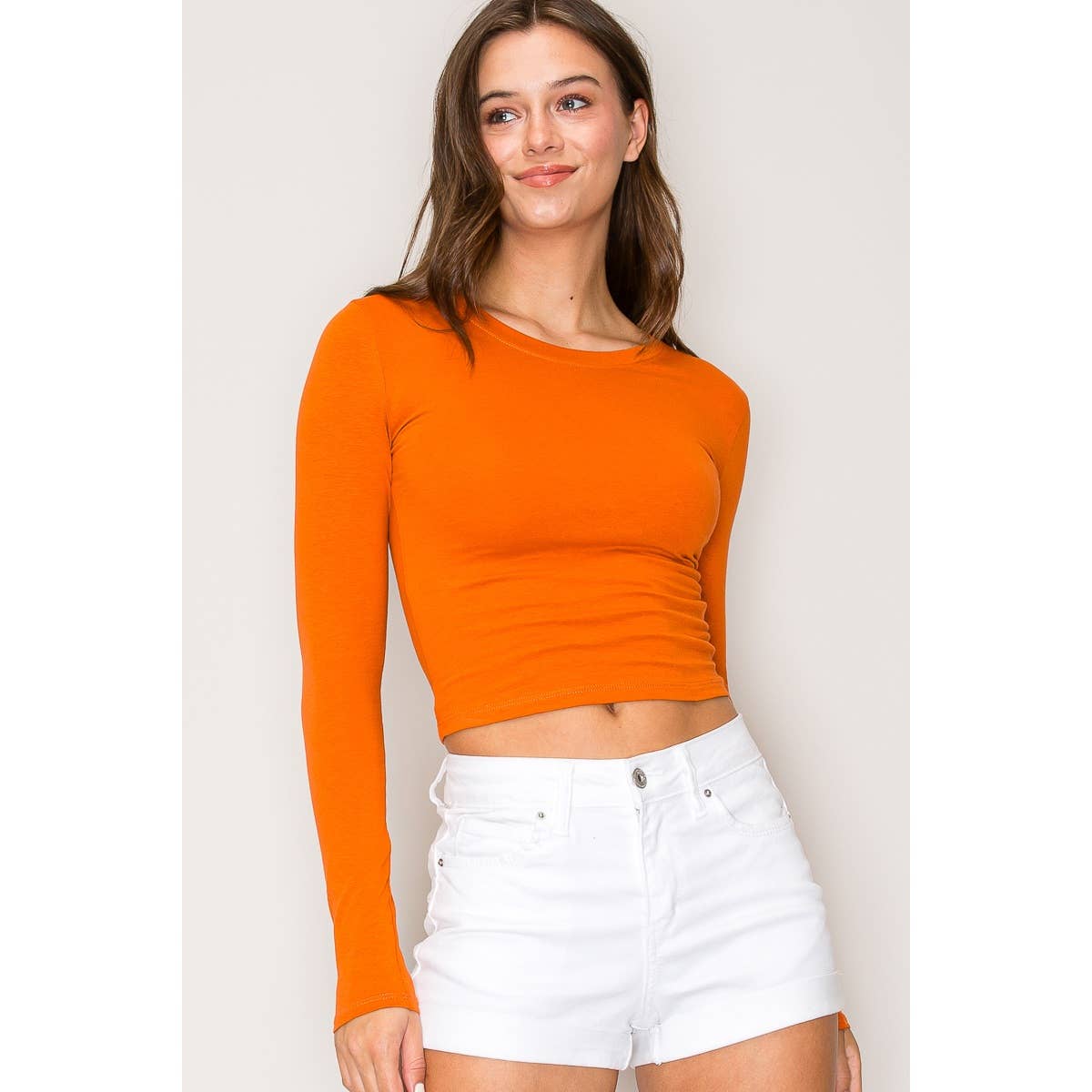 Crew Neck Long Sleeve Cotton Cropped Knit Top: Chili Oil / S-M-L(2-2-2)