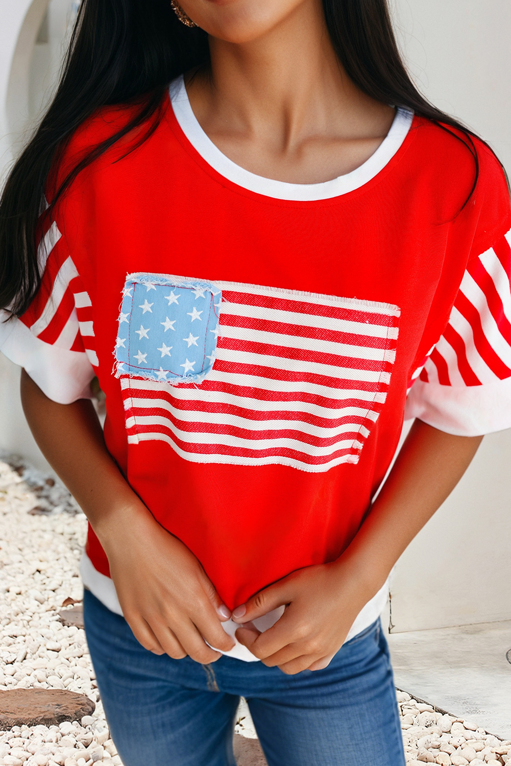 LDC Flag Print Patchwork Colorblock July 4th T Shirt: Light Blue / M