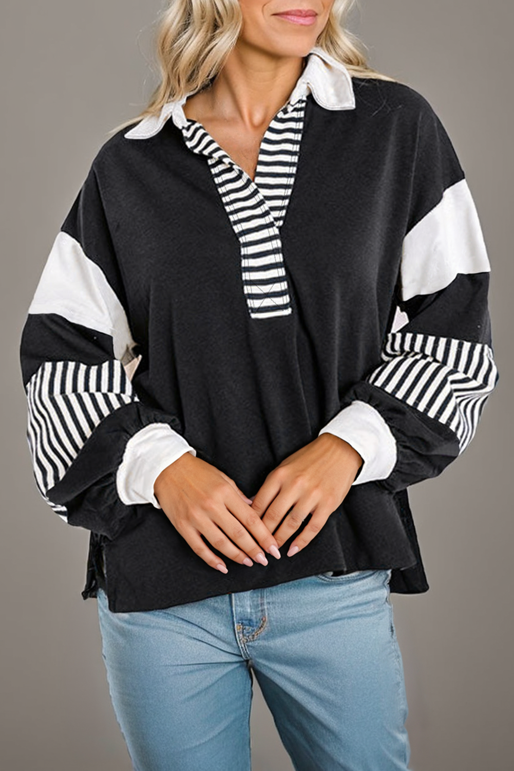 Multicolor * Colorblock Striped Collared Sweatshirt | S-2XL: Blue / Missy / M