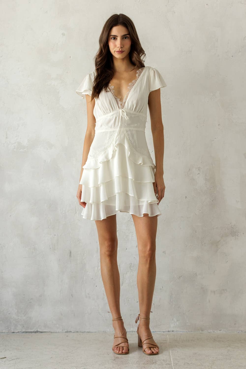 JD7934B- LACE TRIM TIERED MINI DRESS: IVORY / M