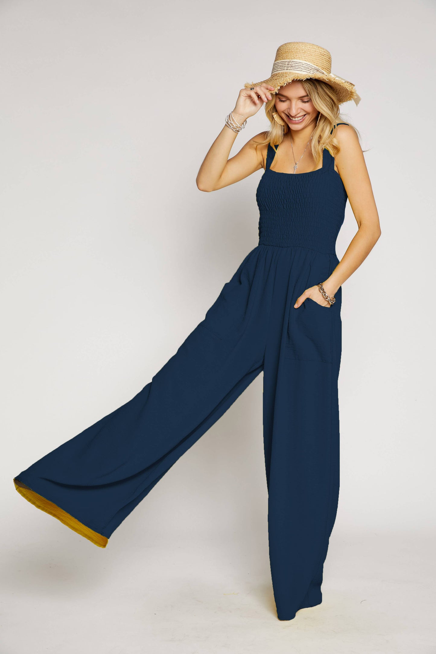 LJP16140 - SMOCKING TOP WIDE LEG JUMPSUIT: MIDNIGHT BLUE / L