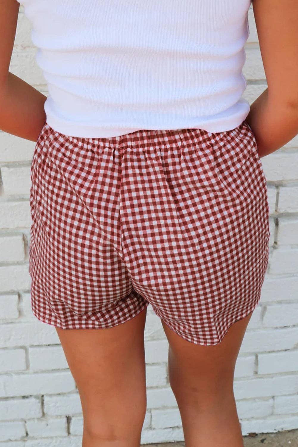 Red Gingham High Waisted Elastic Waist Summer Shorts: Red Stripe / 100%Polyester / M