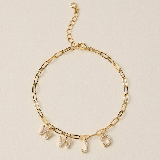 Gold Dipped and Cubic Zirconia WWJD Charm Bracelet: Gold / One / M-5DB28053
