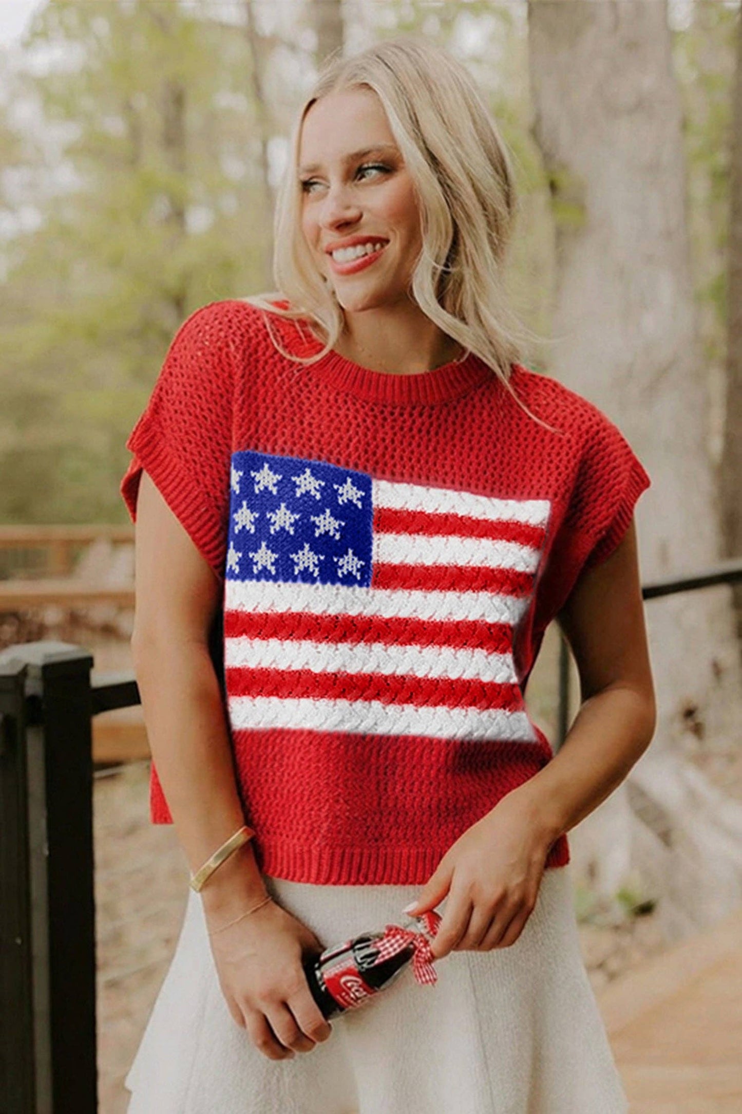 Blue American Flag Knit Short Sleeve Sweater Top: Sky Blue / 100%Acrylic / S