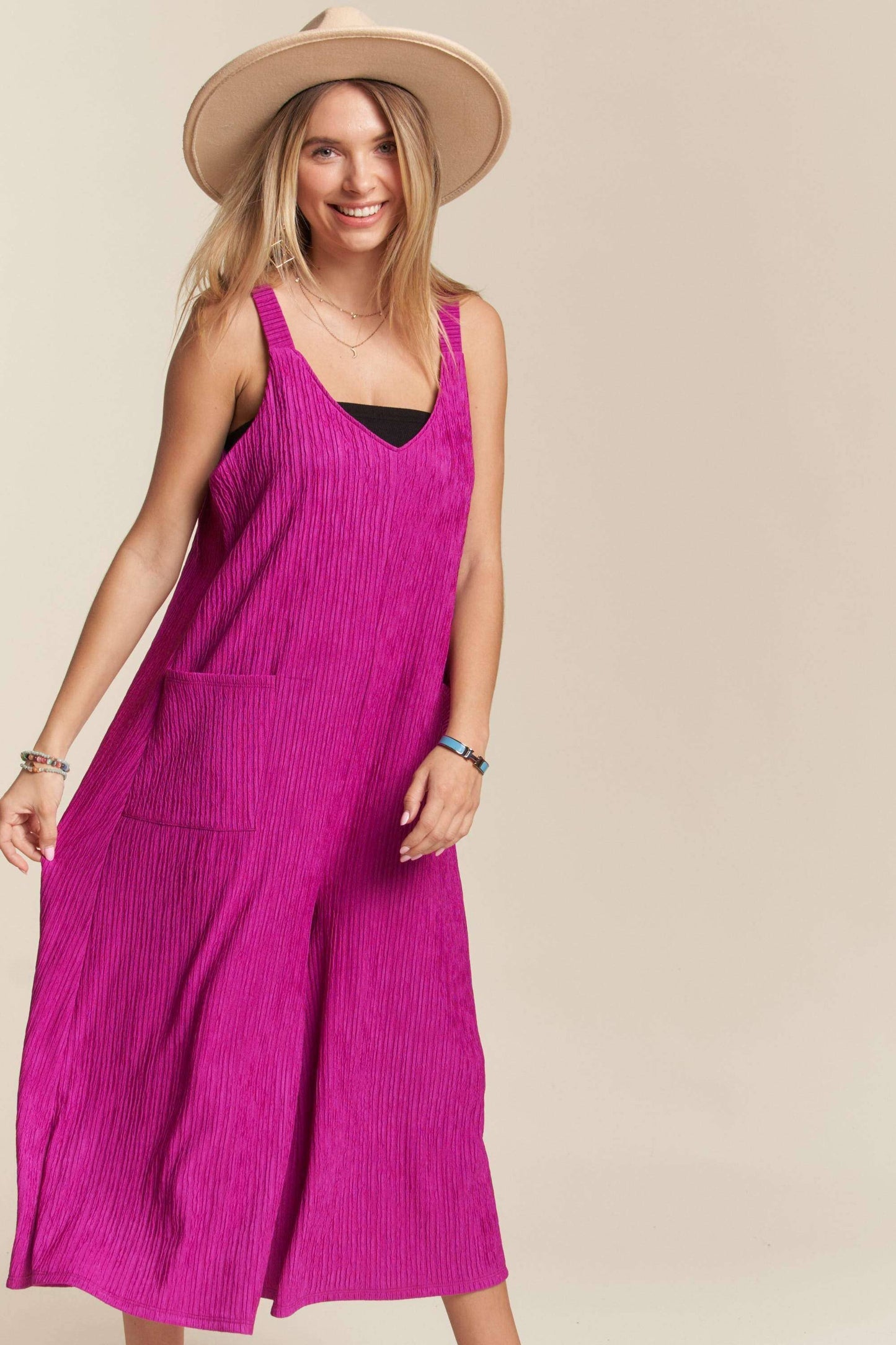 RP4087PL - WIDE LEG CRINKLE JUMPSUIT: TEAL BLUE / M