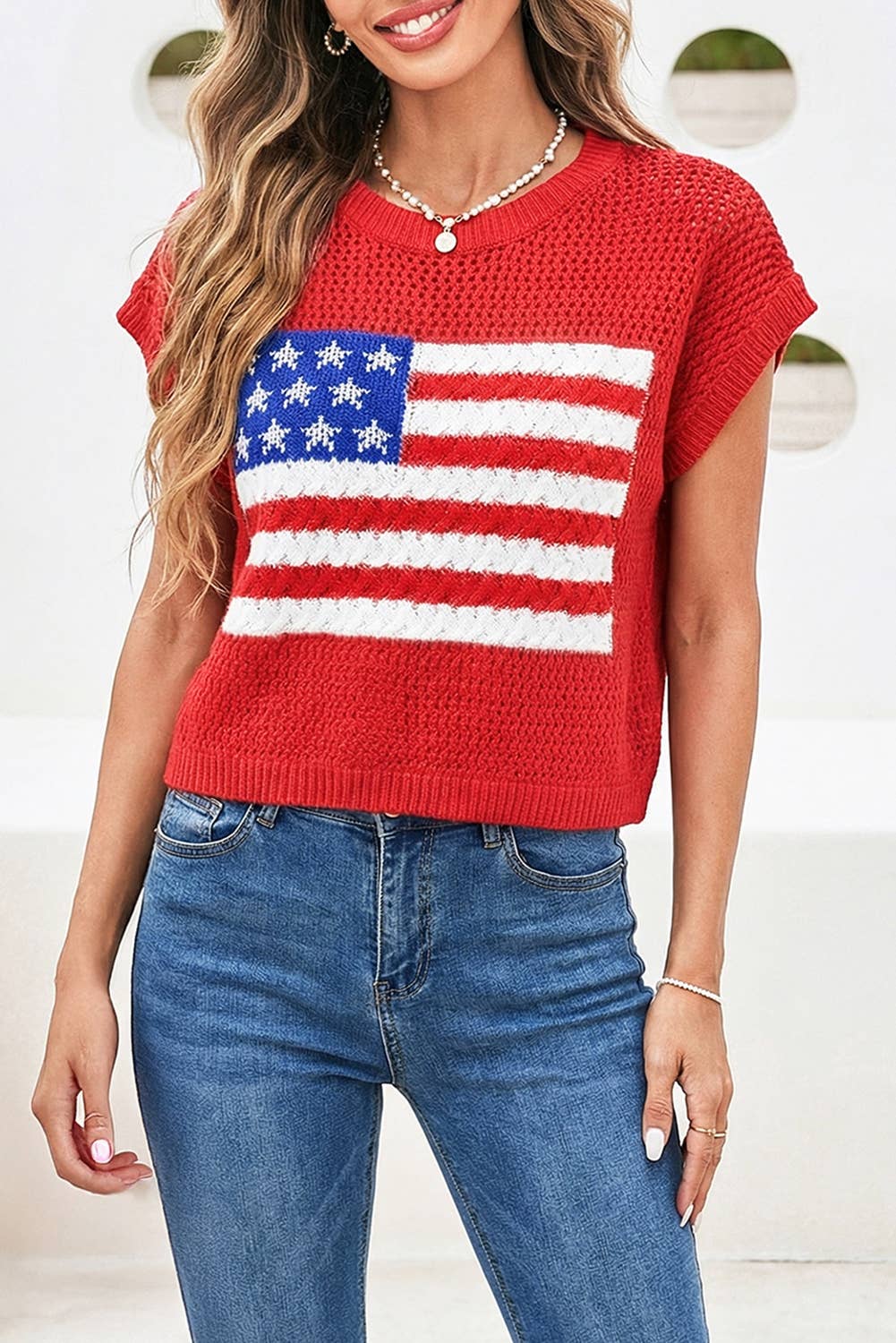 LDC Flag Graphic Short Sleeve Sweater Top: Sky Blue / M
