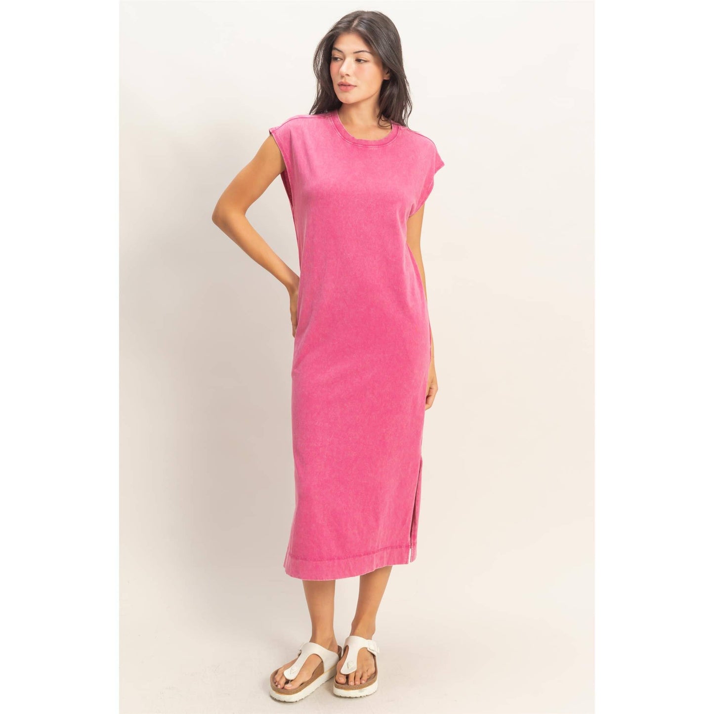 Mineral Wash Cap Sleeve Midi Dress: CHOCOLATE / S-M-L(2-2-2)