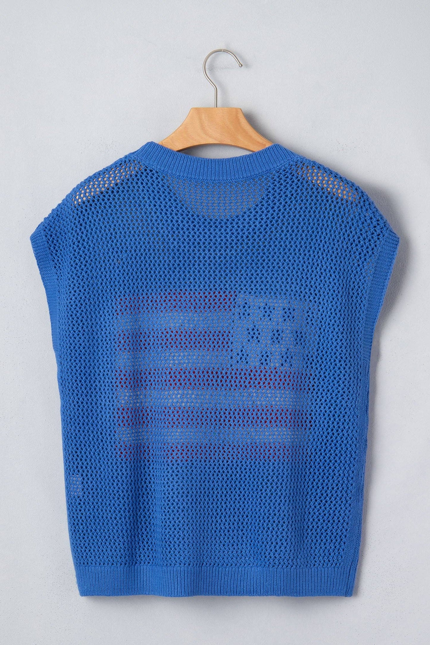 Blue American Flag Knit Short Sleeve Sweater Top: Sky Blue / 100%Acrylic / S