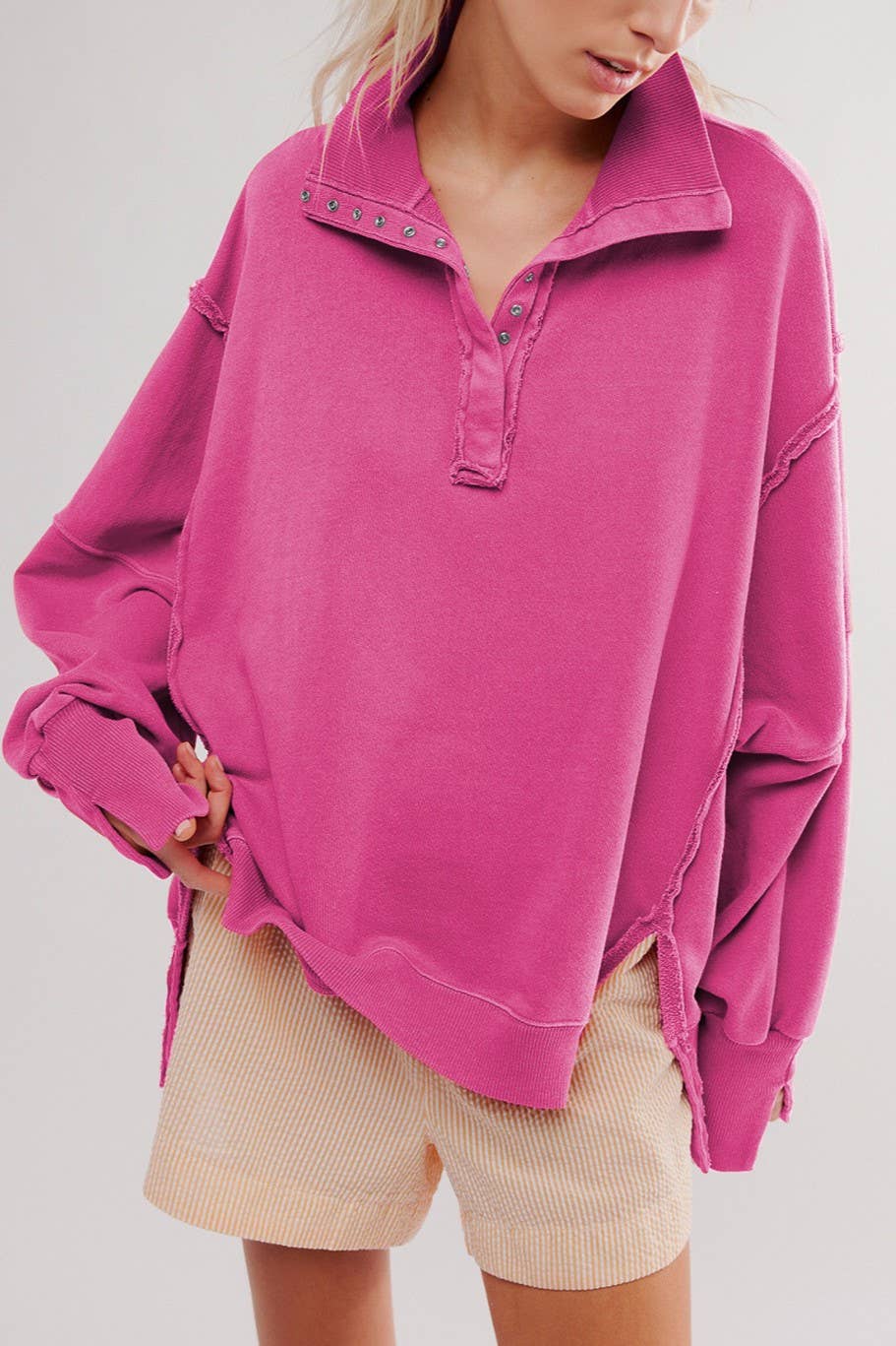 Half button outseam oversized sweatshirt: Fuchsia / XL