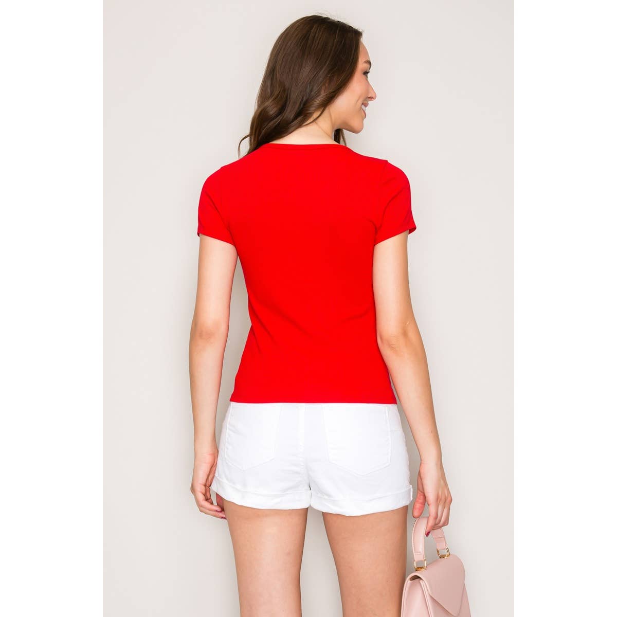 Button Down Short Sleeve Rib Top: Red / S-M-L(2-2-2)
