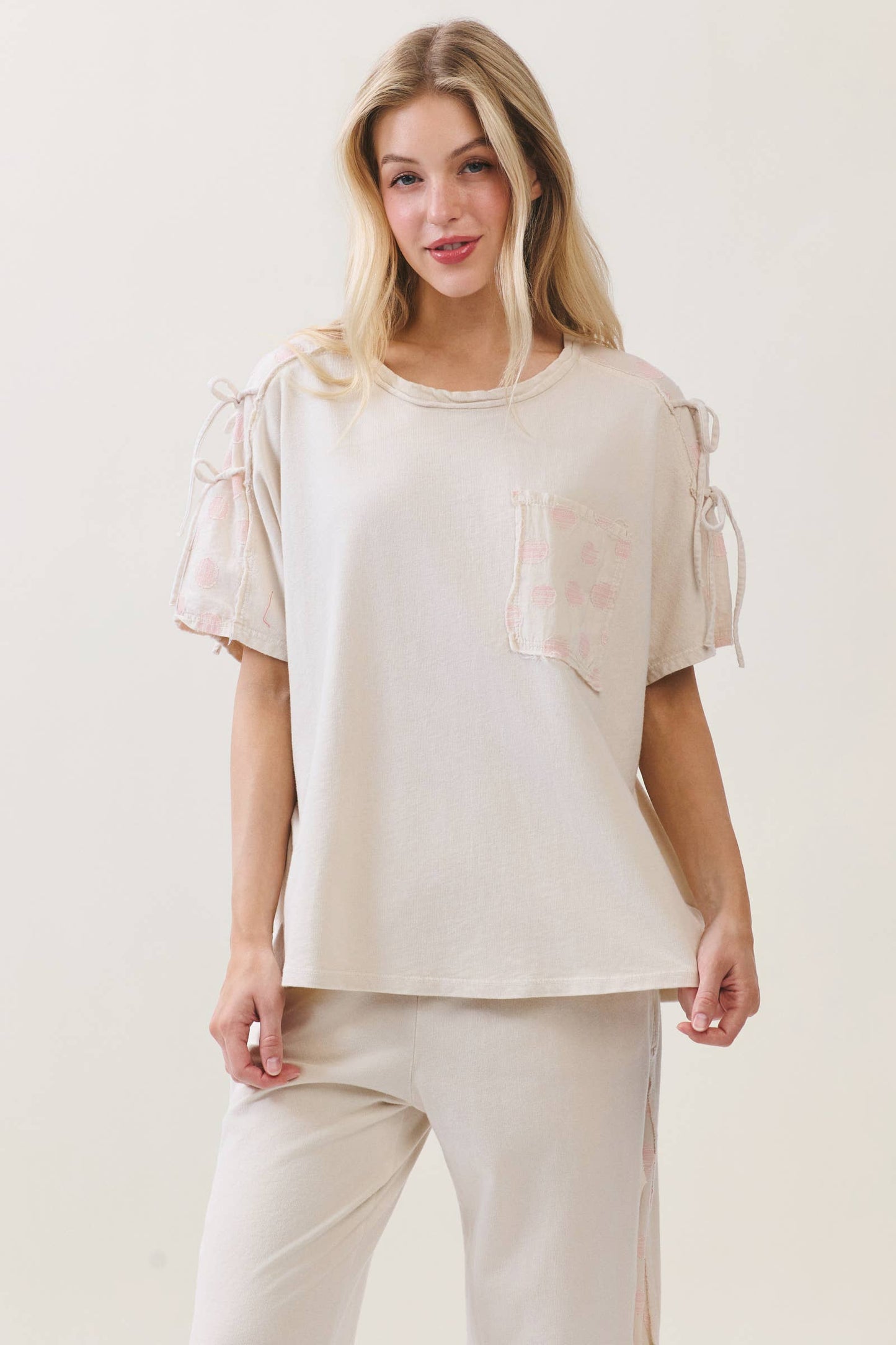 Mineral Washed Polkadot Shoulder Bow Tie Blouse top HT6510: Baby Blue