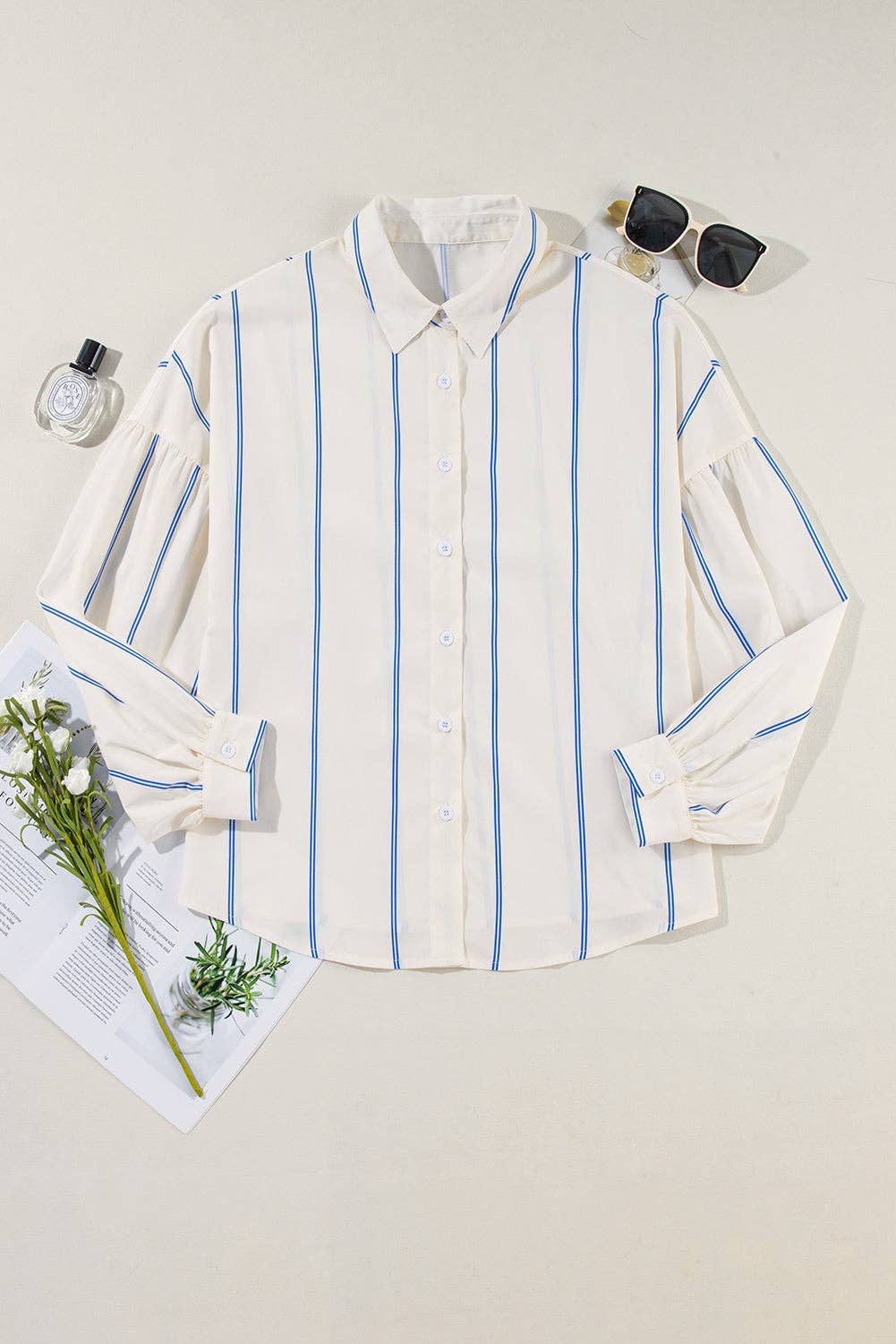 Stripe Bubble Sleeve Buttoned Shirt: Sky Blue Stripe / L