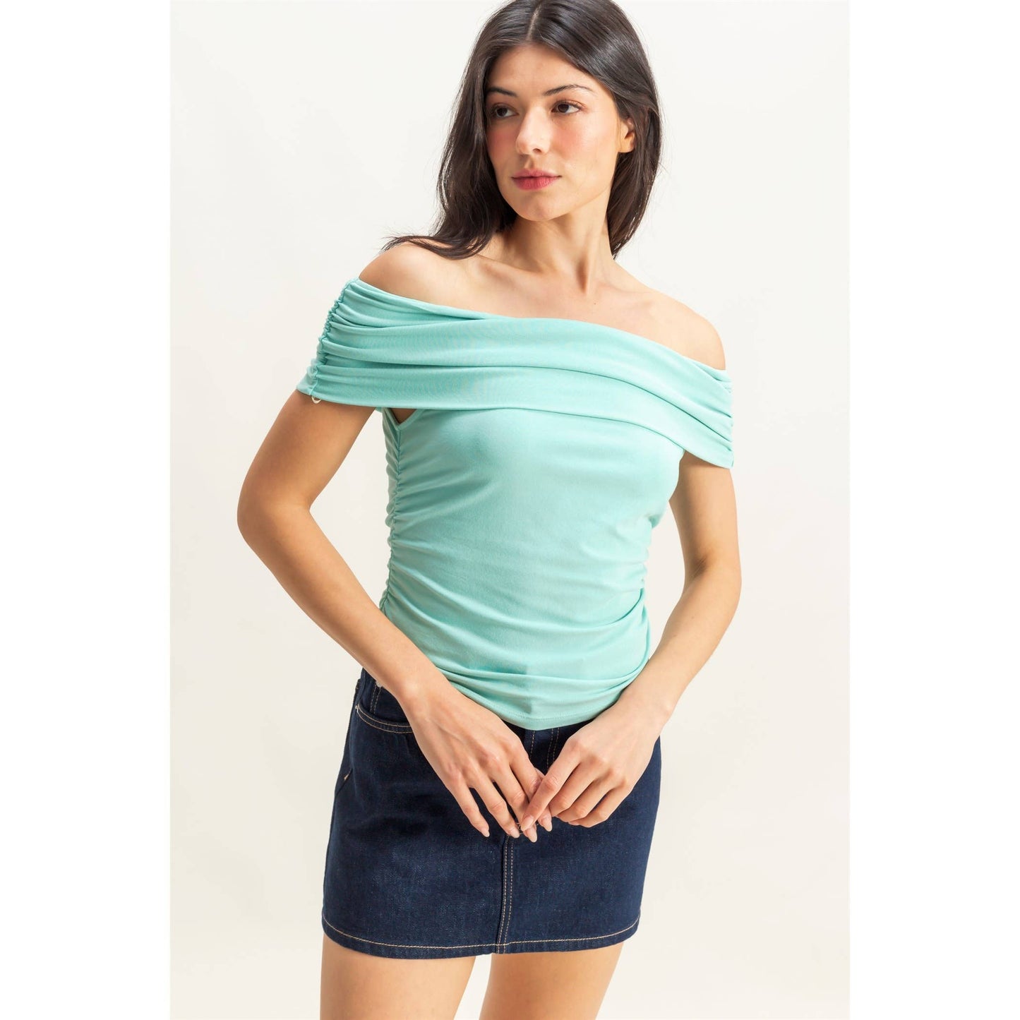 Off-The-Shoulder Side Ruched Top: RED / S-M-L(2-2-2)