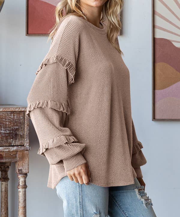 Balloon Sleeve Ruffle Sleeve Pullover Top: Green / XL