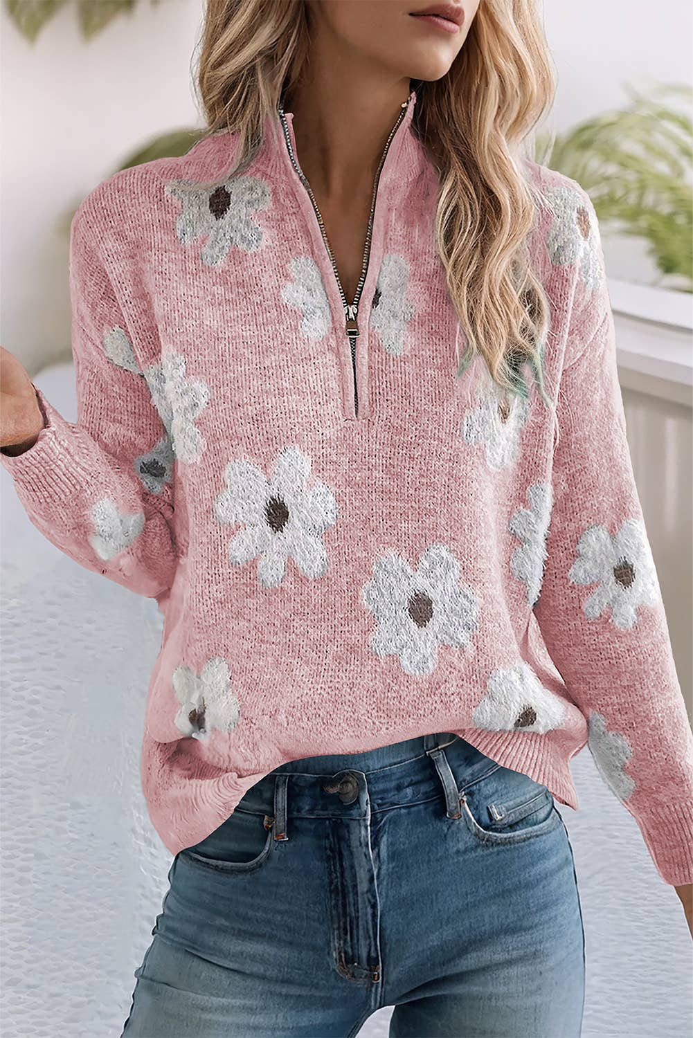 LDC Floral Pattern Drop Shoulder Half Zip Sweater: Green / Missy / M
